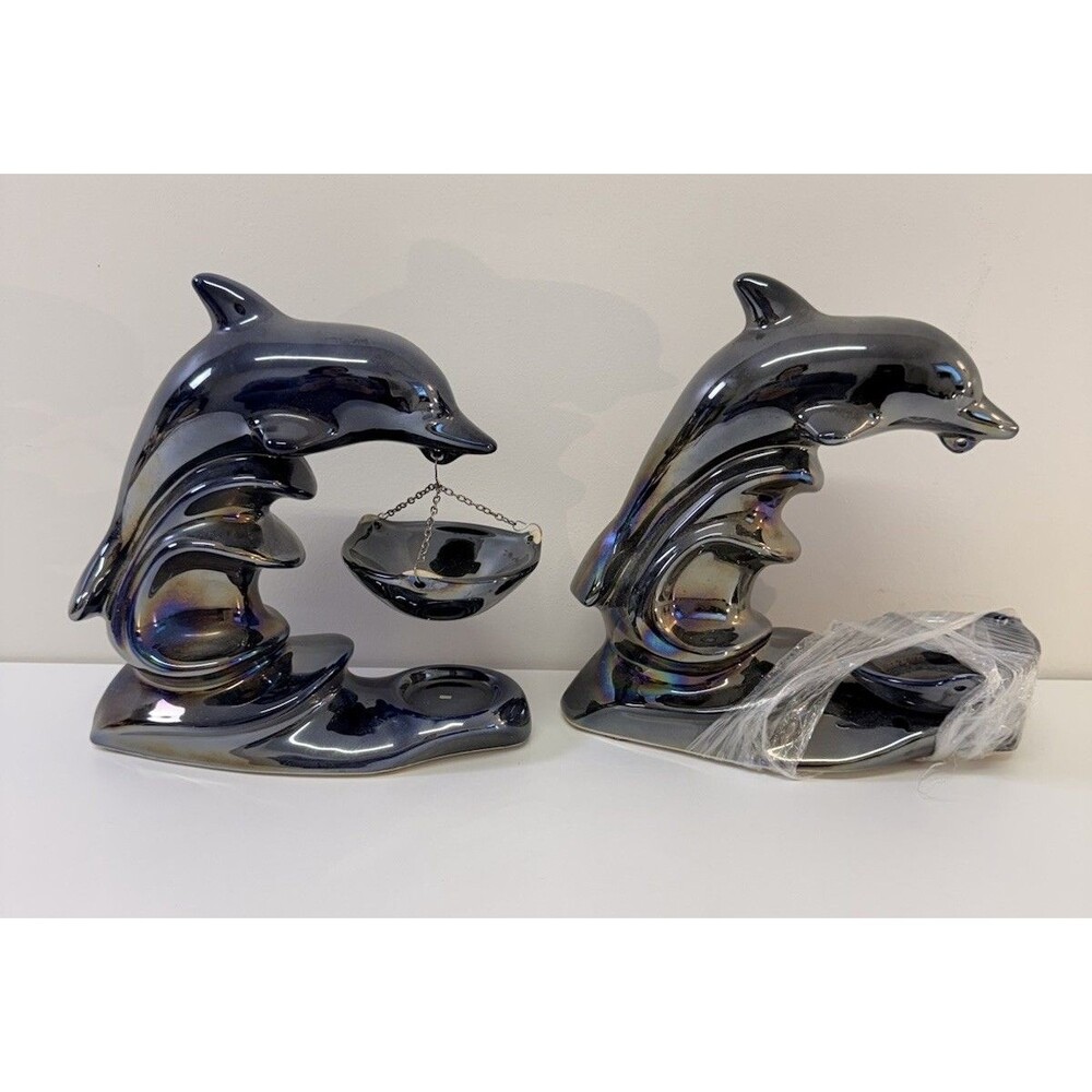 Marex Vintage Cobalt Blue Iridescent Dolphin Tea Light Oil Warmers Set 2 Poland